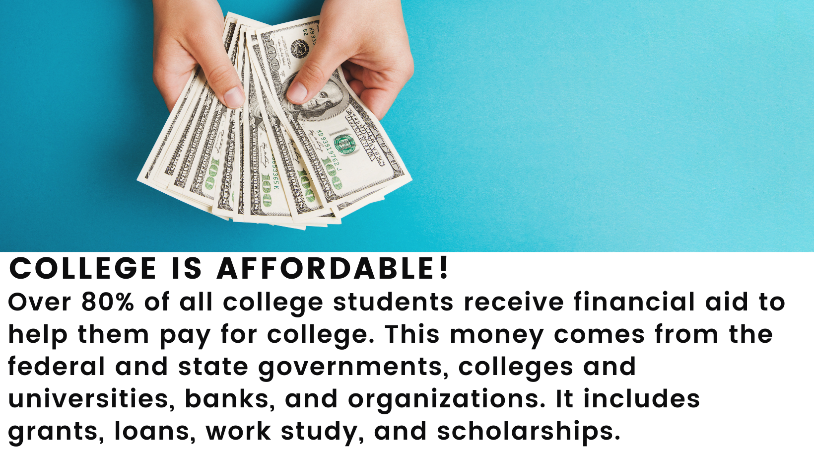 Image featuring a person's hands holding cash. Header: College is affordable! Body: Over 80% of all college students receive financial aid to help them pay for college. This money comes from the federal and state governments, colleges and universities, banks, and organizations. It includes grants, loans, work study, and scholarships. 