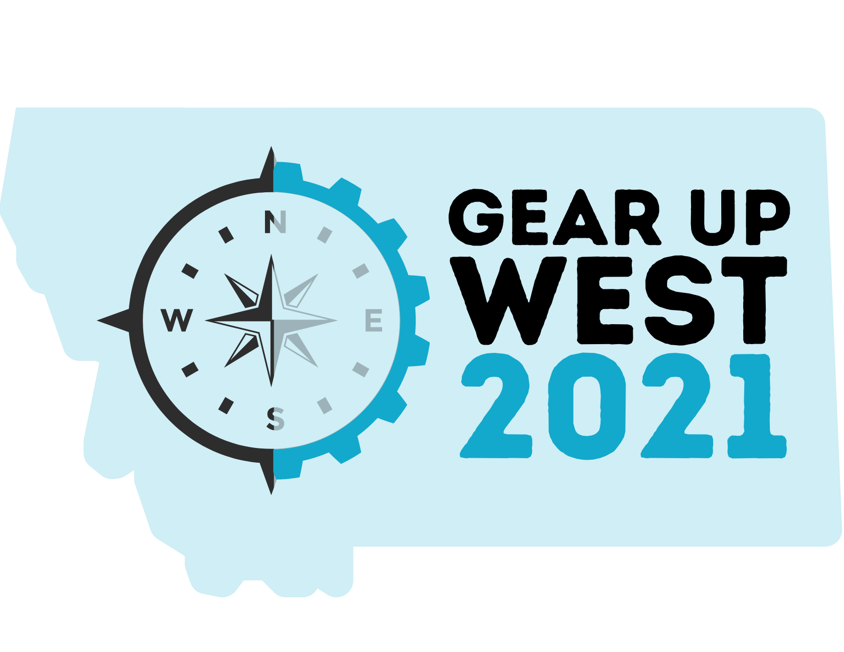 Logo for the 2021 GEAR UP West Conference. Features an outline of the map of Montana, a decorative compass, and the title GEAR UP West 2021. 