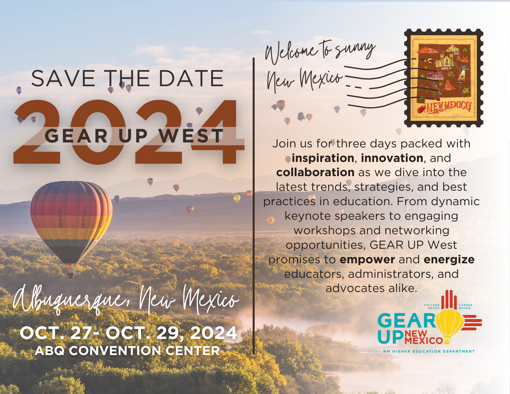 Conference dates are October 27 – 29 at the Albuquerque Convention Center. Conference lodging will be provided at the Clyde and Double Tree (connected to the conference center) and the Hotel Albuquerque as our overflow hotel (the city of Albuquerque offers in-kind shuttle service).