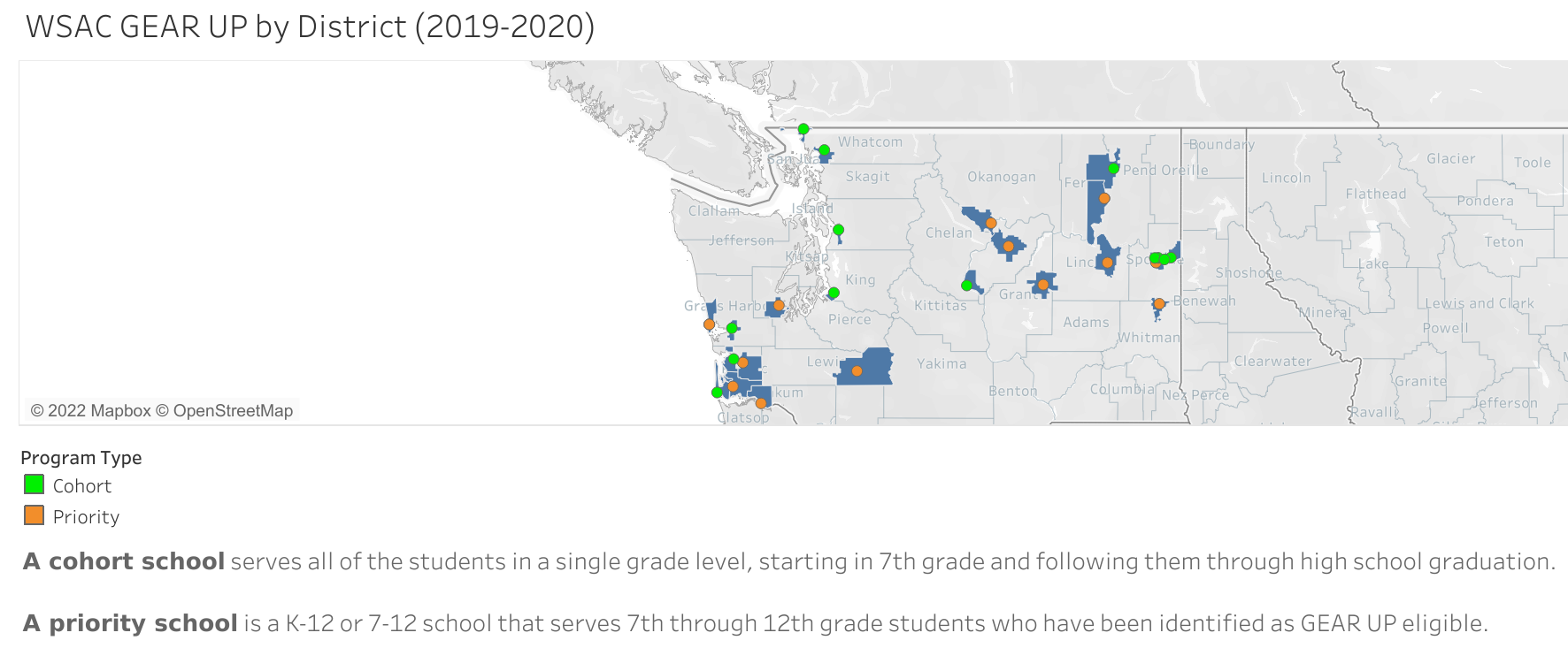 Image of Washington state highlighting school districts within the Washington State GEAR UP program. 
